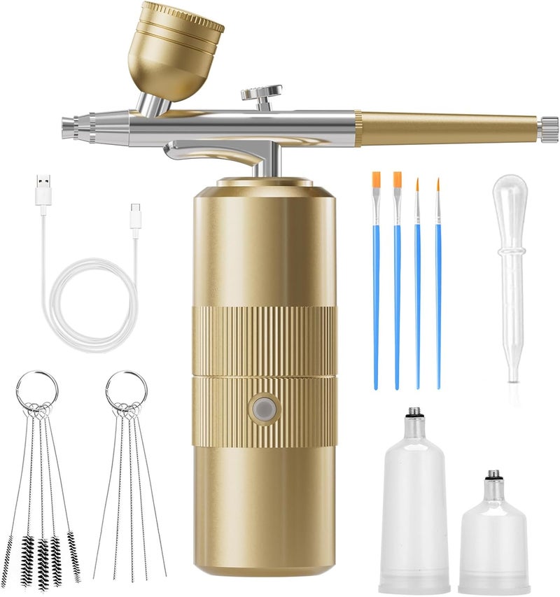 CBVCBV Airbrush Kit with Compressor Portable Airbrush Kit 48PSI High-Pressure Non-Clogging Air Brush Set Cordless Rechargeable with 0.3mm Nozzle and Cleaning Brush for Painting,Nail Art, Makeup (Gold) - Image 1